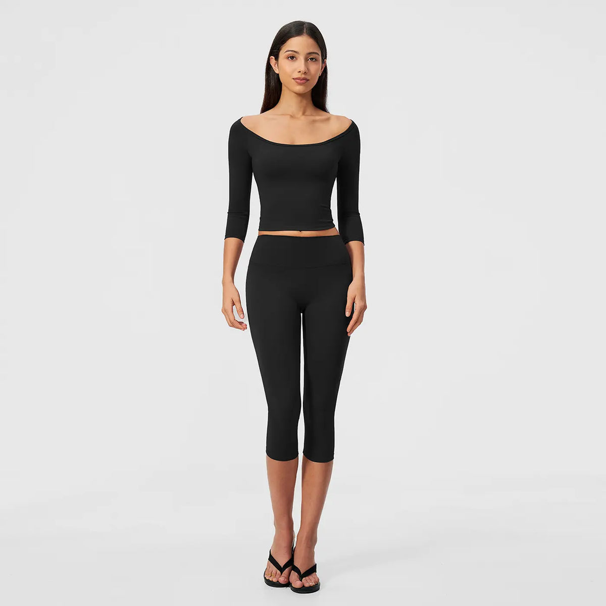 MFVIM Women’S Pure-Yet-Sensual Off-The-Shoulder Slim-Fit, Waist-Cinching, Second-Skin Feel 3/4-Sleeve Yoga Pants Two-Piece Set; High-Waisted, Tummy Control Shaping for Fitness and Pilates, Suitable for Everyday Wear.