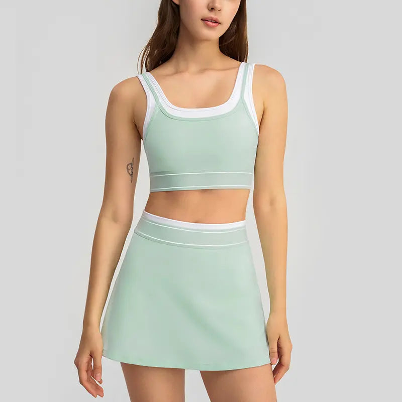2026 New Women 2-Piece Color Block Striped Cami Sports Bra & Tennis Skort Yoga Outfit, Fake Two-Piece Contrast White Strap Tank Top with Built-In Pads, Anti-Run Liner Pleated Athletic Skirt Set for Running Tennis Gym Workout Daily Active Wear