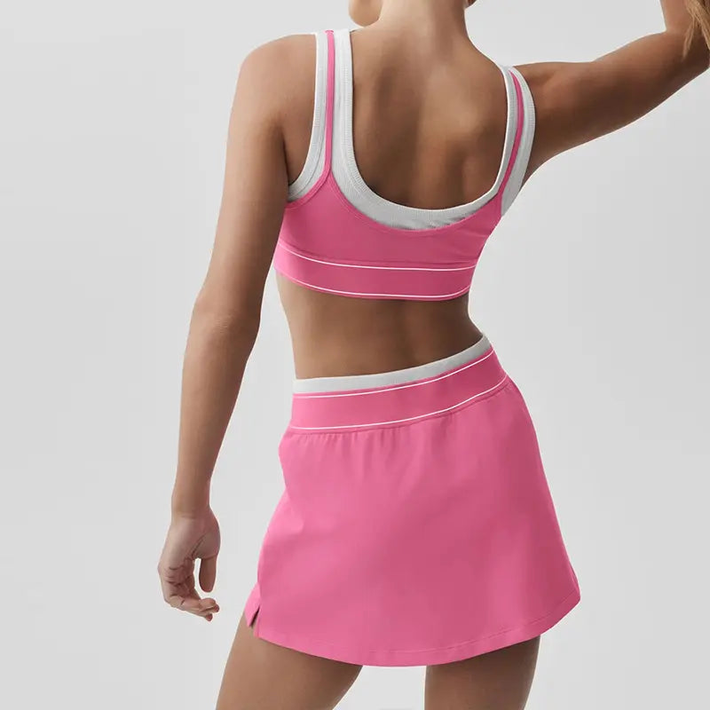 2026 New Women 2-Piece Color Block Striped Cami Sports Bra & Tennis Skort Yoga Outfit, Fake Two-Piece Contrast White Strap Tank Top with Built-In Pads, Anti-Run Liner Pleated Athletic Skirt Set for Running Tennis Gym Workout Daily Active Wear