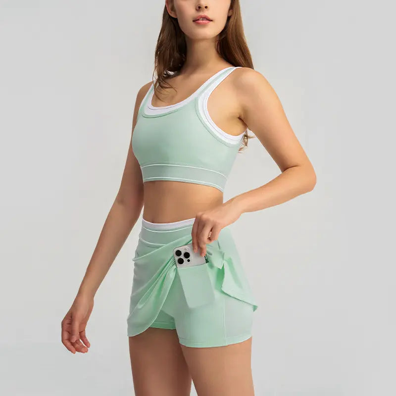 2026 New Women 2-Piece Color Block Striped Cami Sports Bra & Tennis Skort Yoga Outfit, Fake Two-Piece Contrast White Strap Tank Top with Built-In Pads, Anti-Run Liner Pleated Athletic Skirt Set for Running Tennis Gym Workout Daily Active Wear