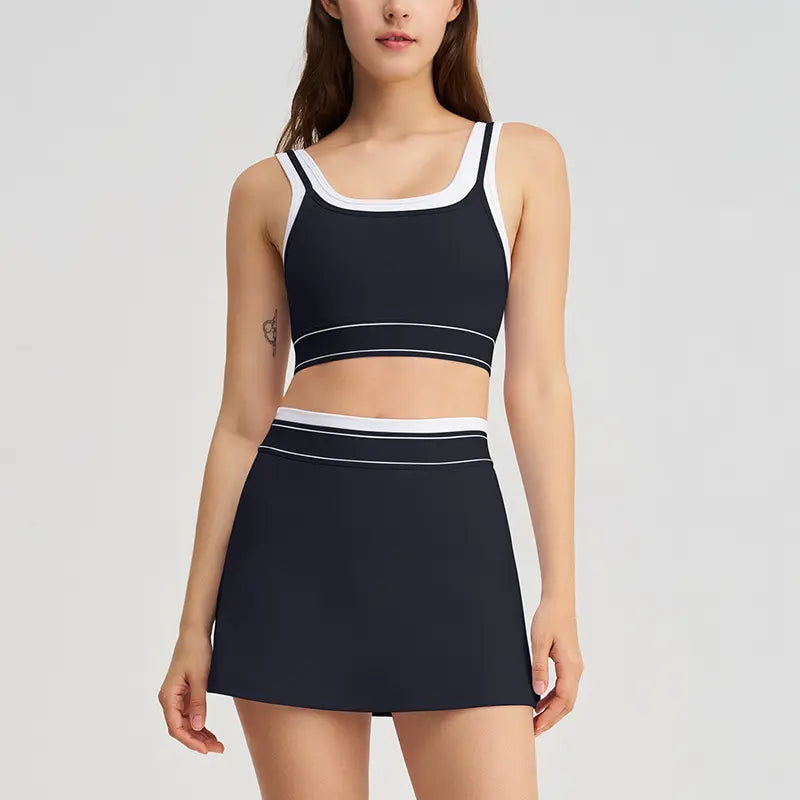 2026 New Women 2-Piece Color Block Striped Cami Sports Bra & Tennis Skort Yoga Outfit, Fake Two-Piece Contrast White Strap Tank Top with Built-In Pads, Anti-Run Liner Pleated Athletic Skirt Set for Running Tennis Gym Workout Daily Active Wear