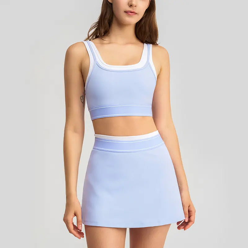 2026 New Women 2-Piece Color Block Striped Cami Sports Bra & Tennis Skort Yoga Outfit, Fake Two-Piece Contrast White Strap Tank Top with Built-In Pads, Anti-Run Liner Pleated Athletic Skirt Set for Running Tennis Gym Workout Daily Active Wear