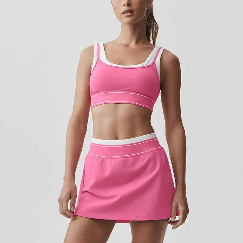 2026 New Women 2-Piece Color Block Striped Cami Sports Bra & Tennis Skort Yoga Outfit, Fake Two-Piece Contrast White Strap Tank Top with Built-In Pads, Anti-Run Liner Pleated Athletic Skirt Set for Running Tennis Gym Workout Daily Active Wear