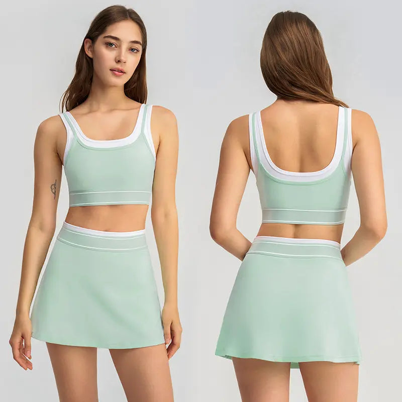 2026 New Women 2-Piece Color Block Striped Cami Sports Bra & Tennis Skort Yoga Outfit, Fake Two-Piece Contrast White Strap Tank Top with Built-In Pads, Anti-Run Liner Pleated Athletic Skirt Set for Running Tennis Gym Workout Daily Active Wear